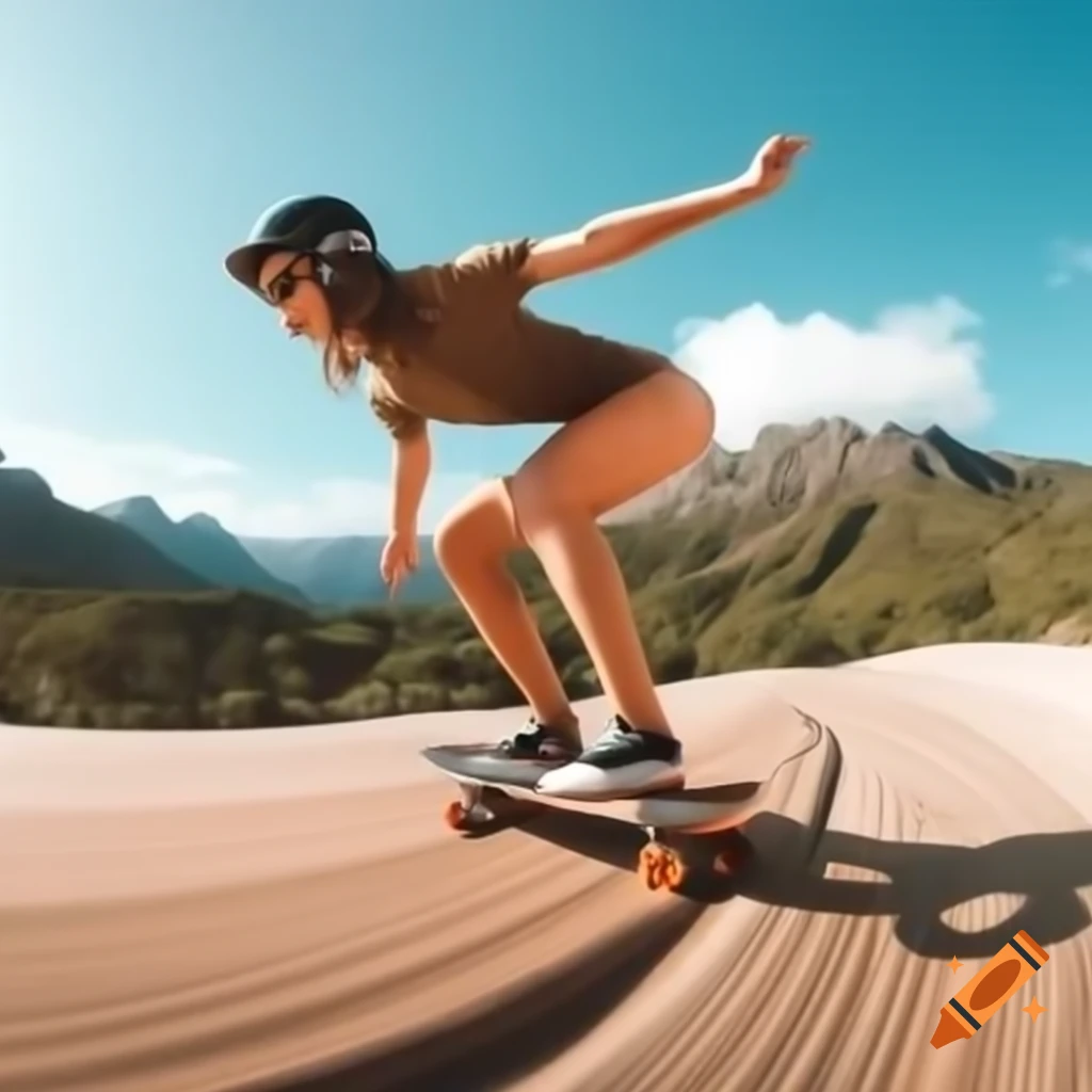 Longboarder descending steep mountain in tropical landscape with ocean and sun