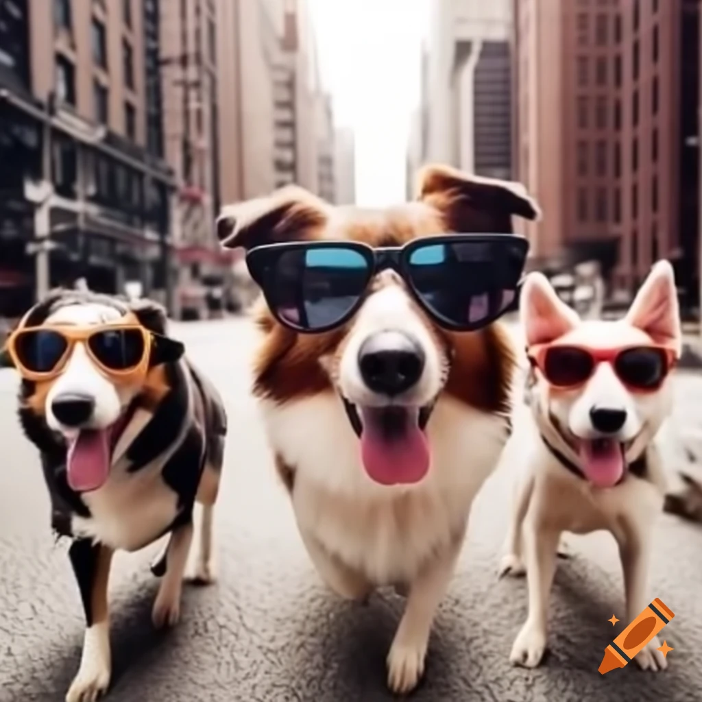 Three dogs in sunglasses on NYC street, featuring dachshund, collie, and pig