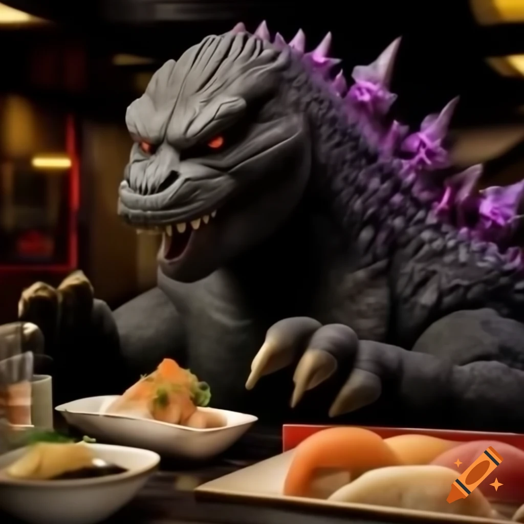 Godzilla dining at a sushi restaurant