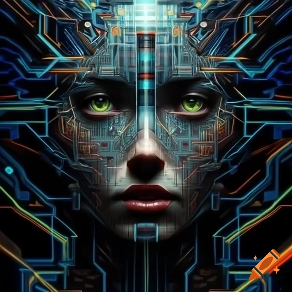 Abstract humanoid figure representing artificial intelligence with circuits and glowing lines