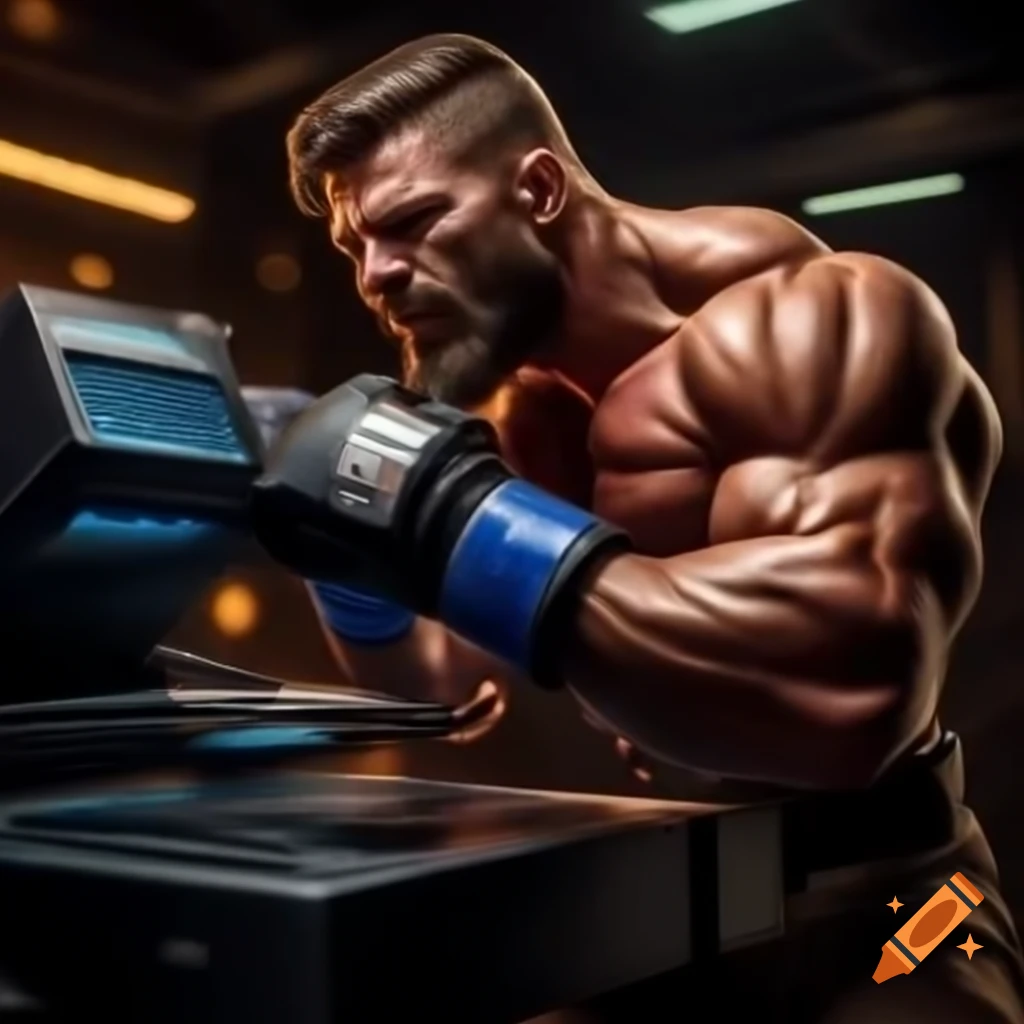Strong man engaging in humorous battle with printer