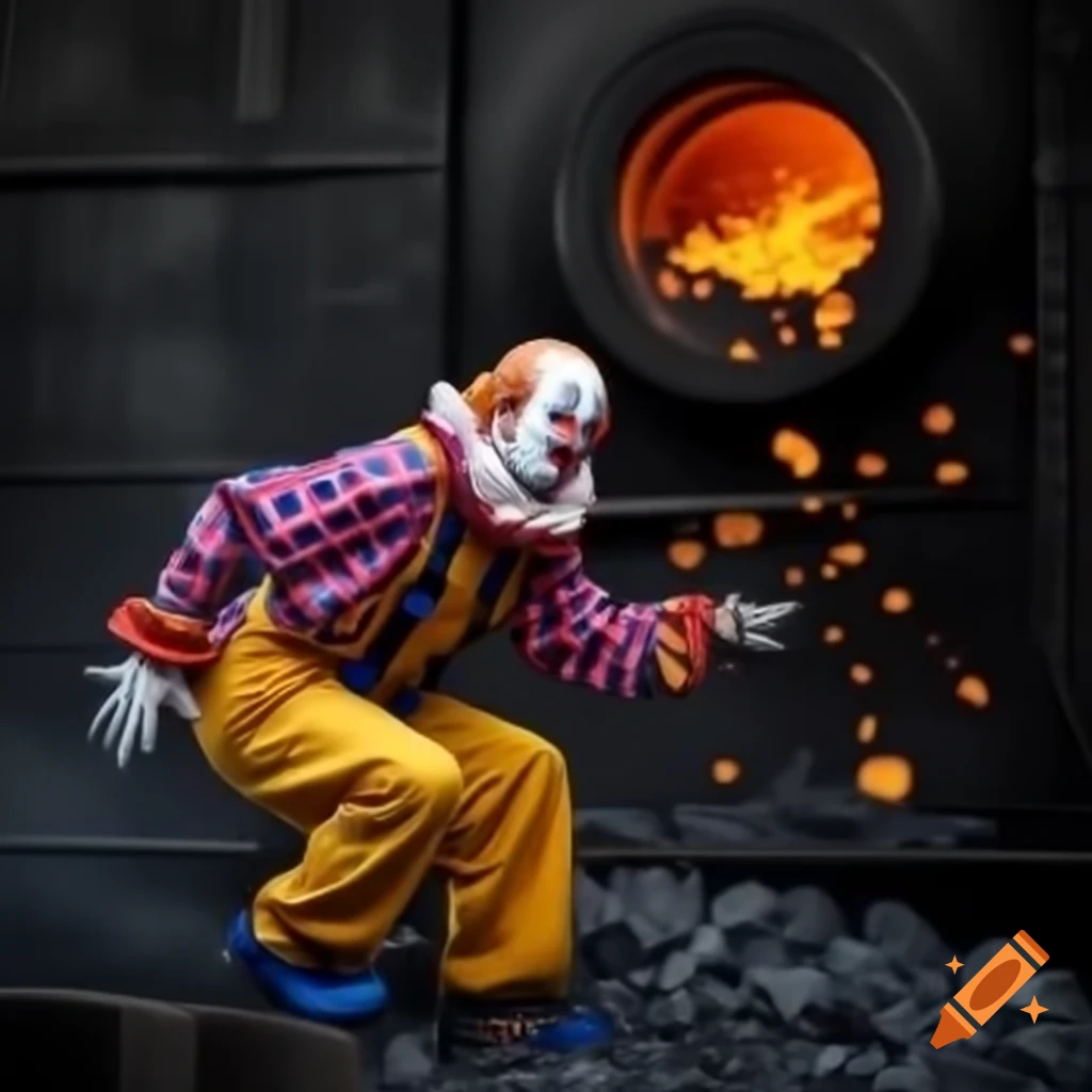 Clown throwing coal into furnace