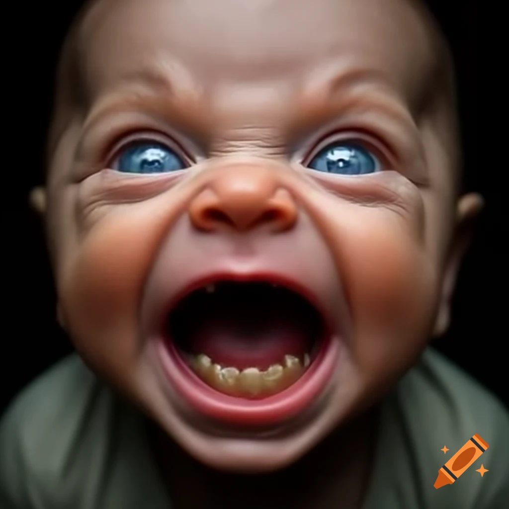 Realistic depiction of a baby face with large teeth
