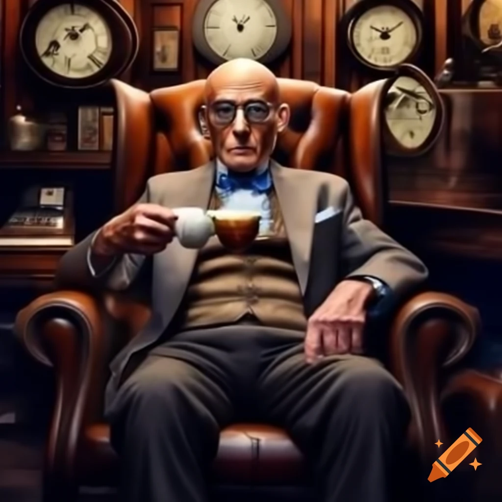 Elderly man in suit with monocle sipping coffee in leather chair surrounded by grandfather clocks