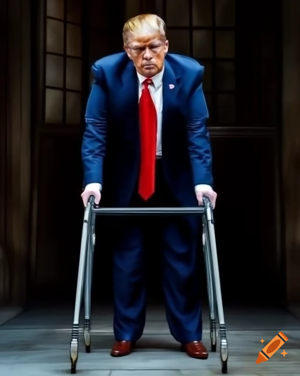 Satirical depiction of a portrayed character in NYC court with a walker