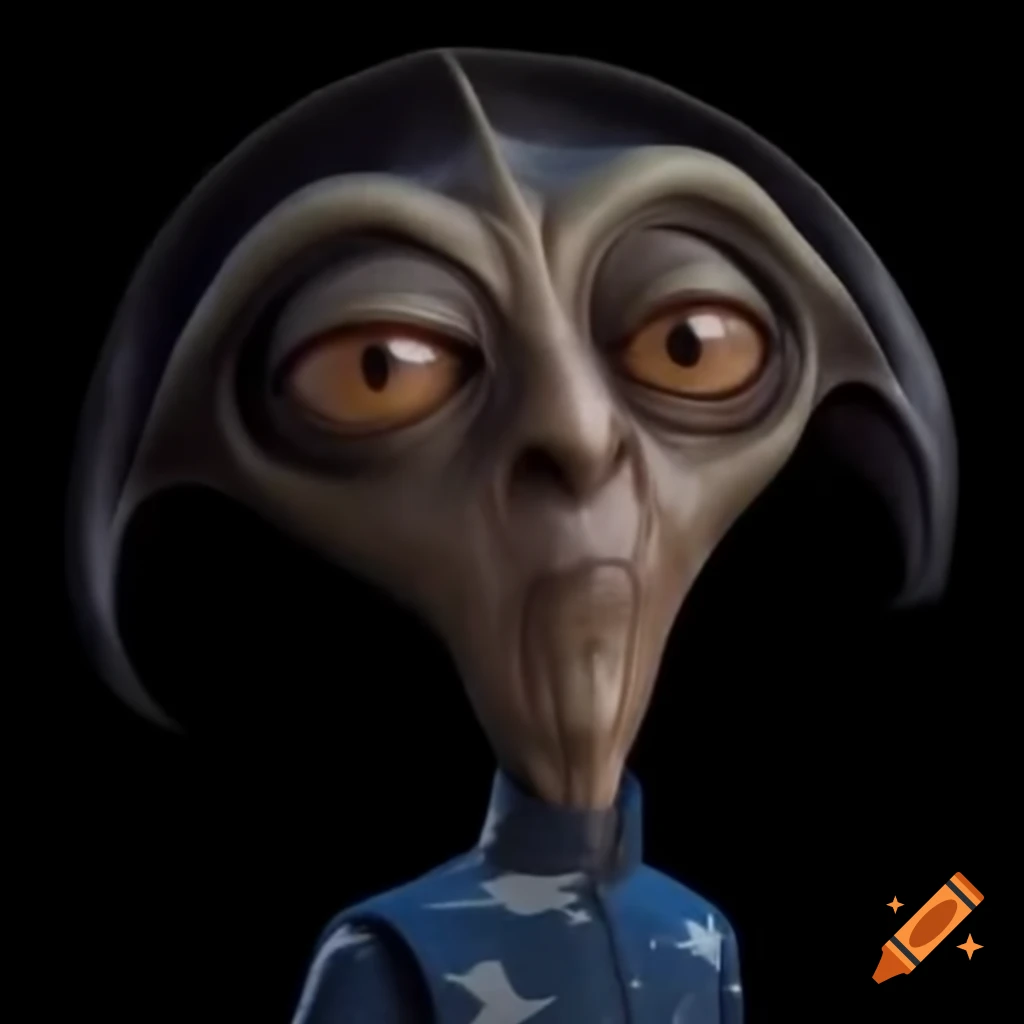 Extraterrestrial alien actor with big head and square face looking at camera
