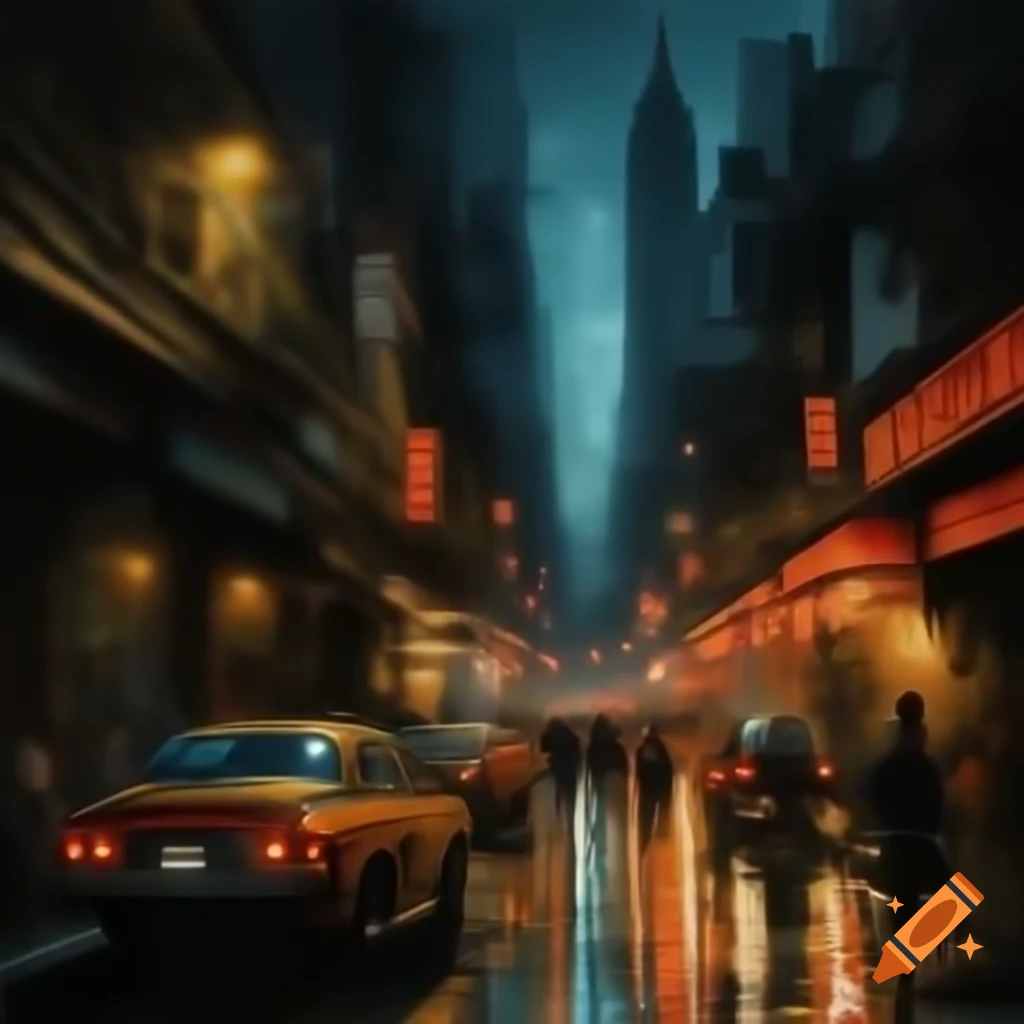 Acrylic painting of a gothic-inspired metropolis at night with towering skyscrapers