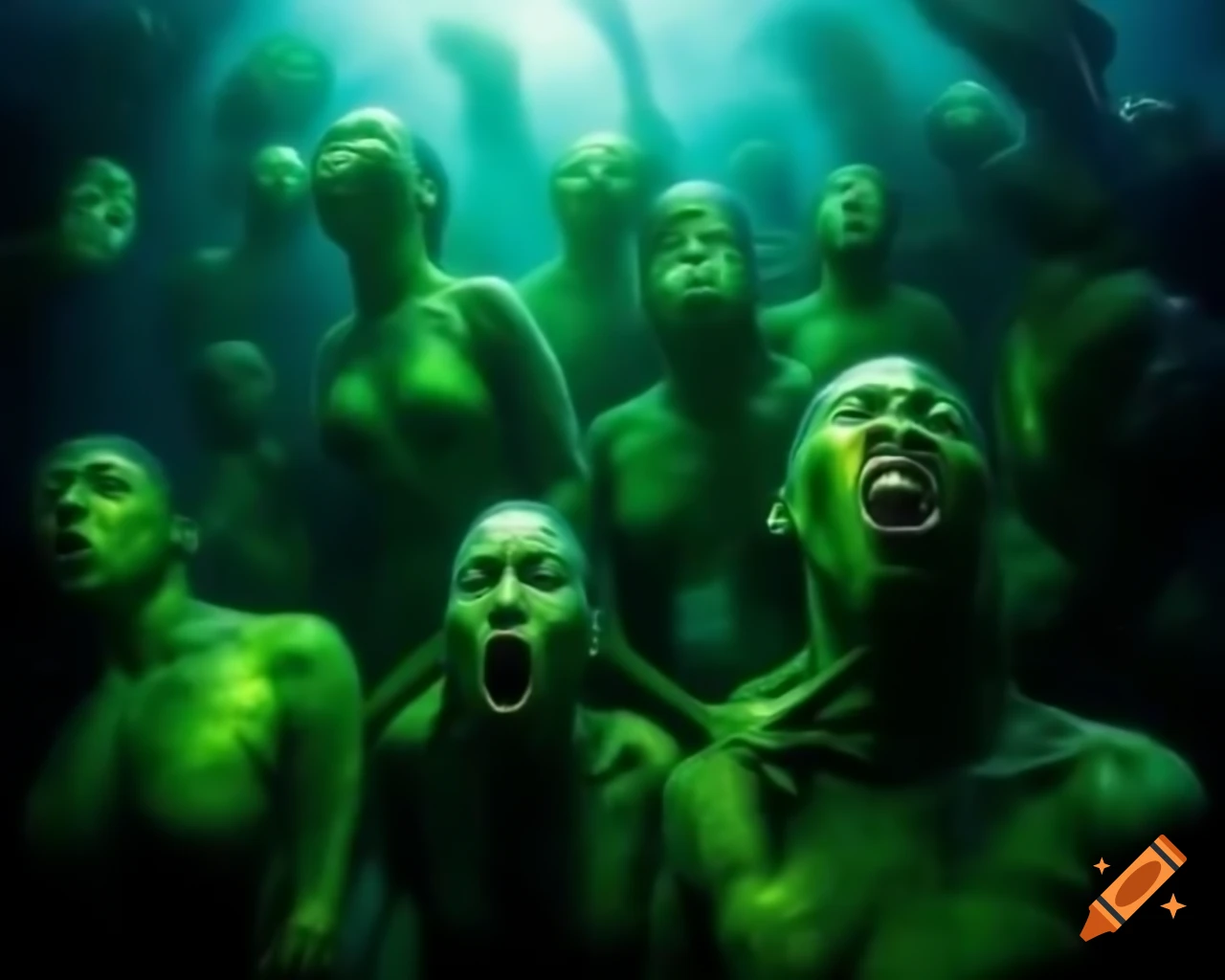 Surreal portrait of chaotic crowd of deep sea humanoid mutants with glowing features