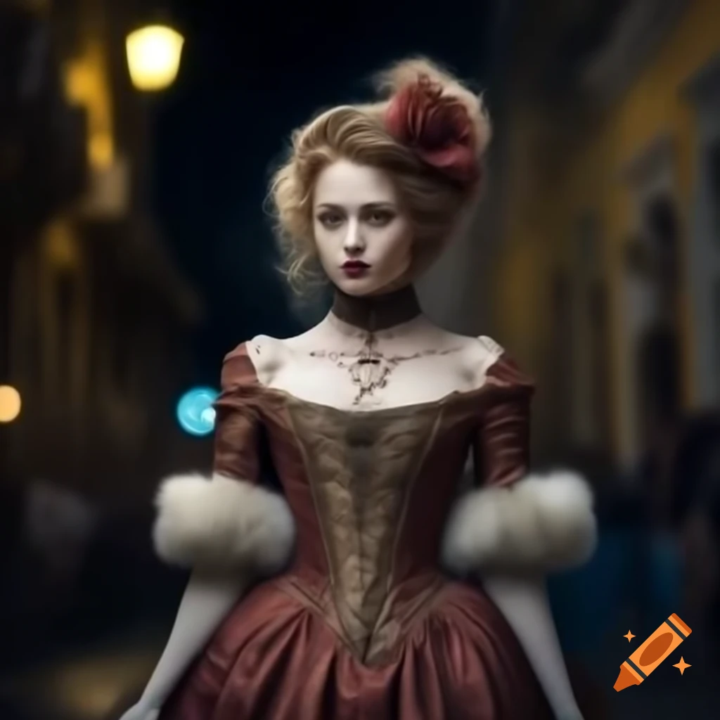 Victorian female ghost in evening dress walking in Copacabana under full moon