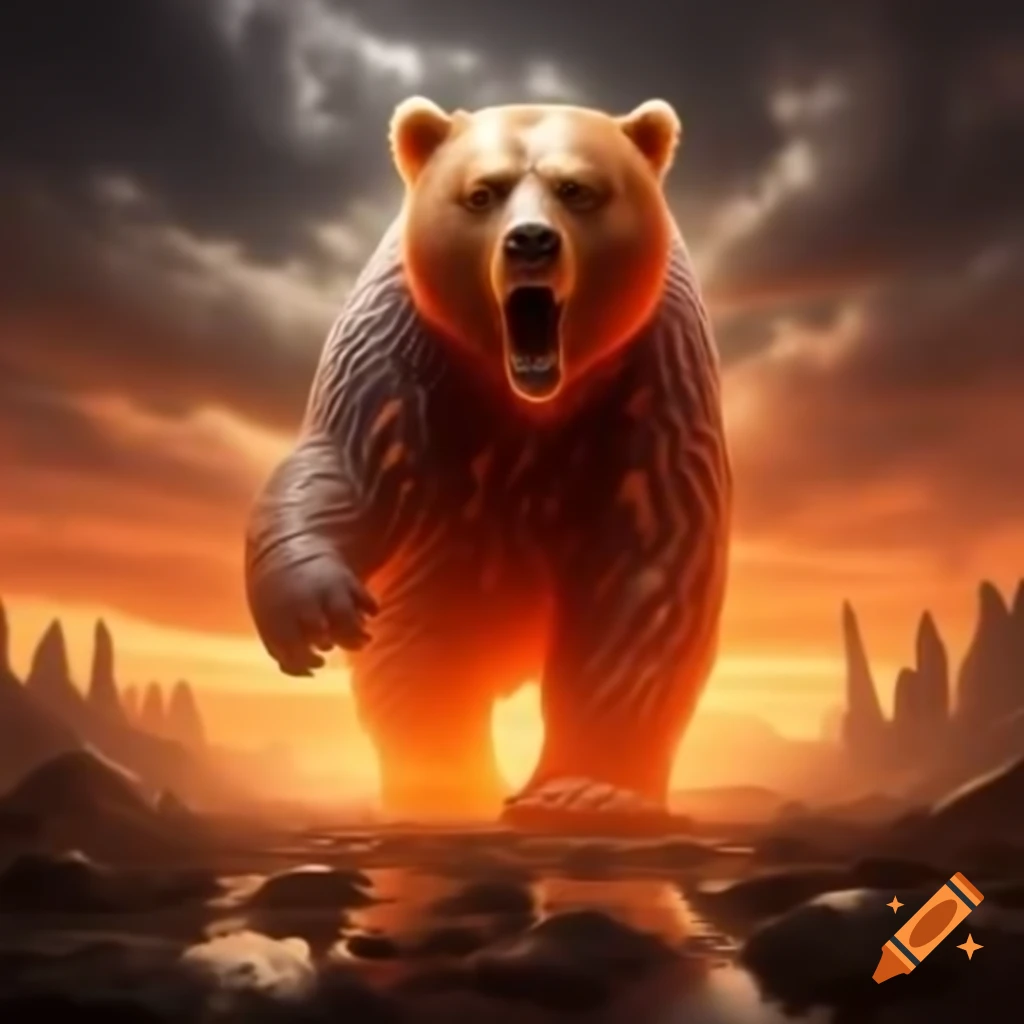 Surreal scene of expanding colossal Gummy Bear in apocalyptic setting