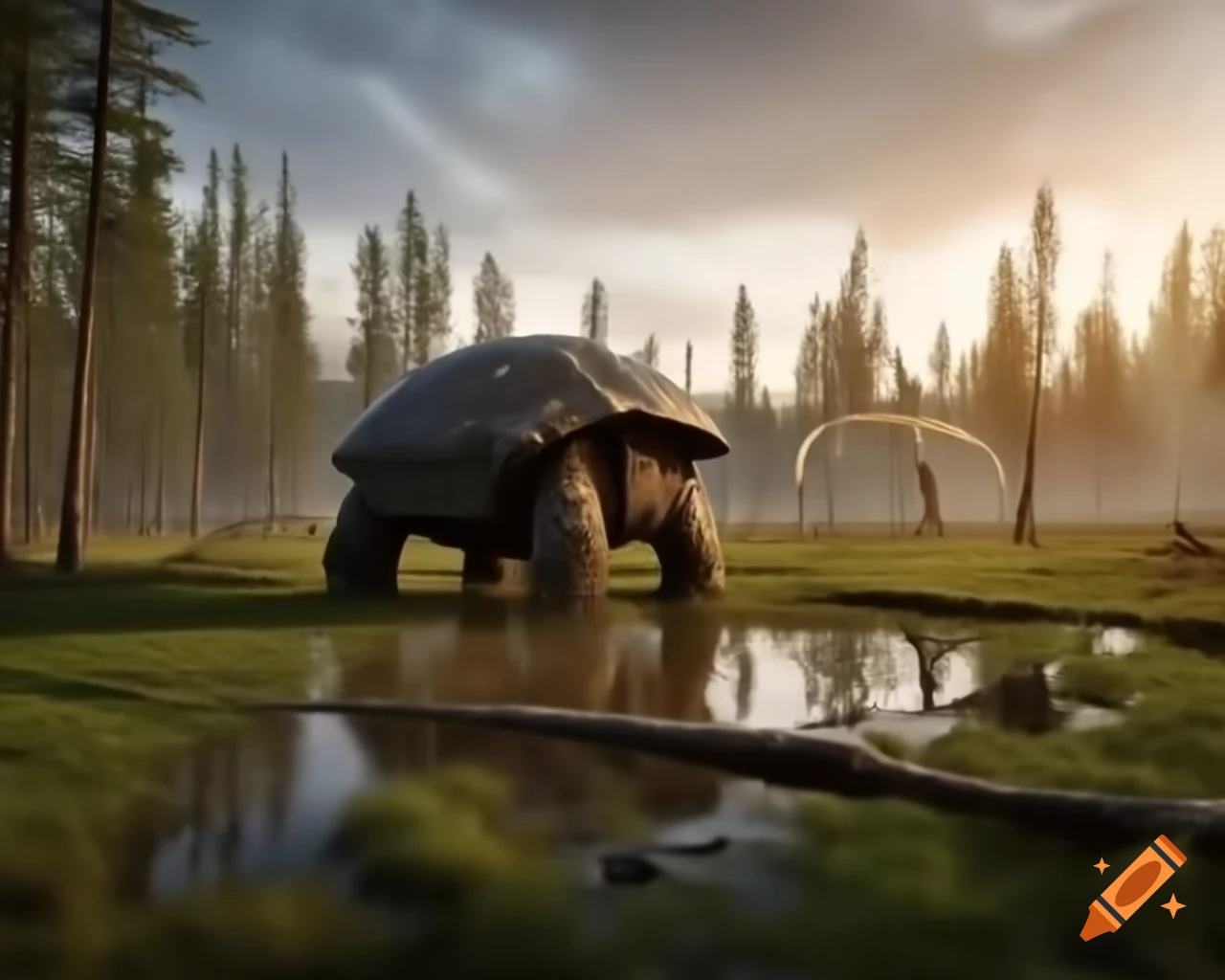 Ankylosaurus in fern field with Diplodocus in British Columbia morning light