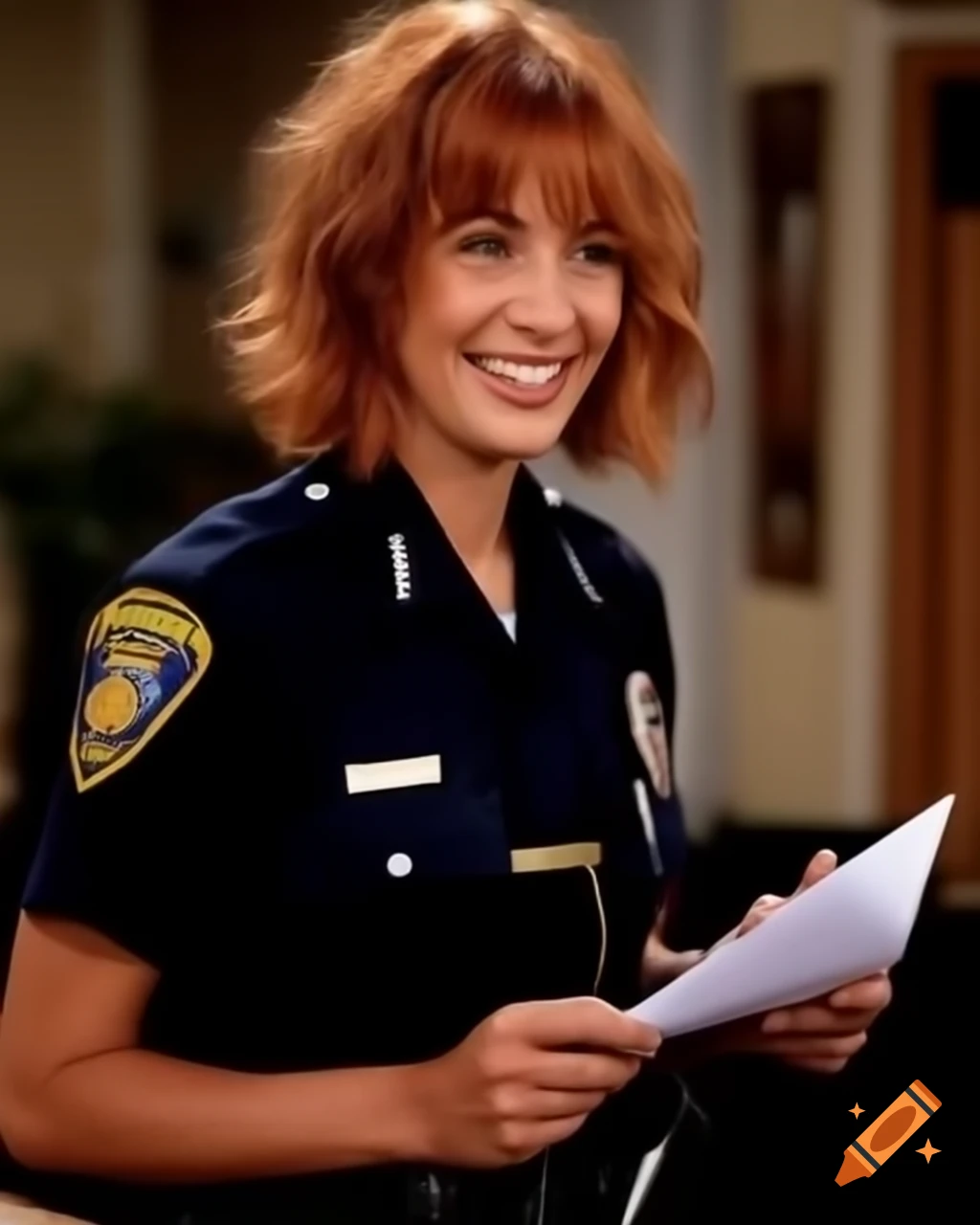 French female police officer taking notes at crime scene in dusty living room, hyper-realistic detail