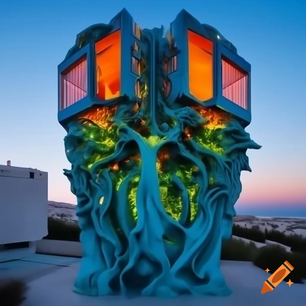 Surrealist sculpture of living skyscrapers symbolizing modern urban life