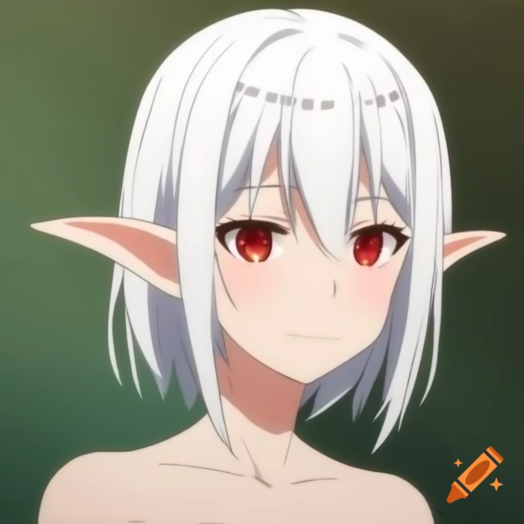 Anime elf girl with white short hair and red eyes