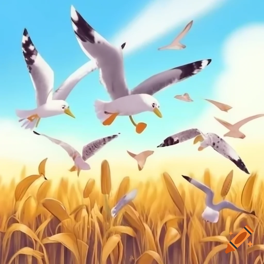 Seagulls flying over corn field