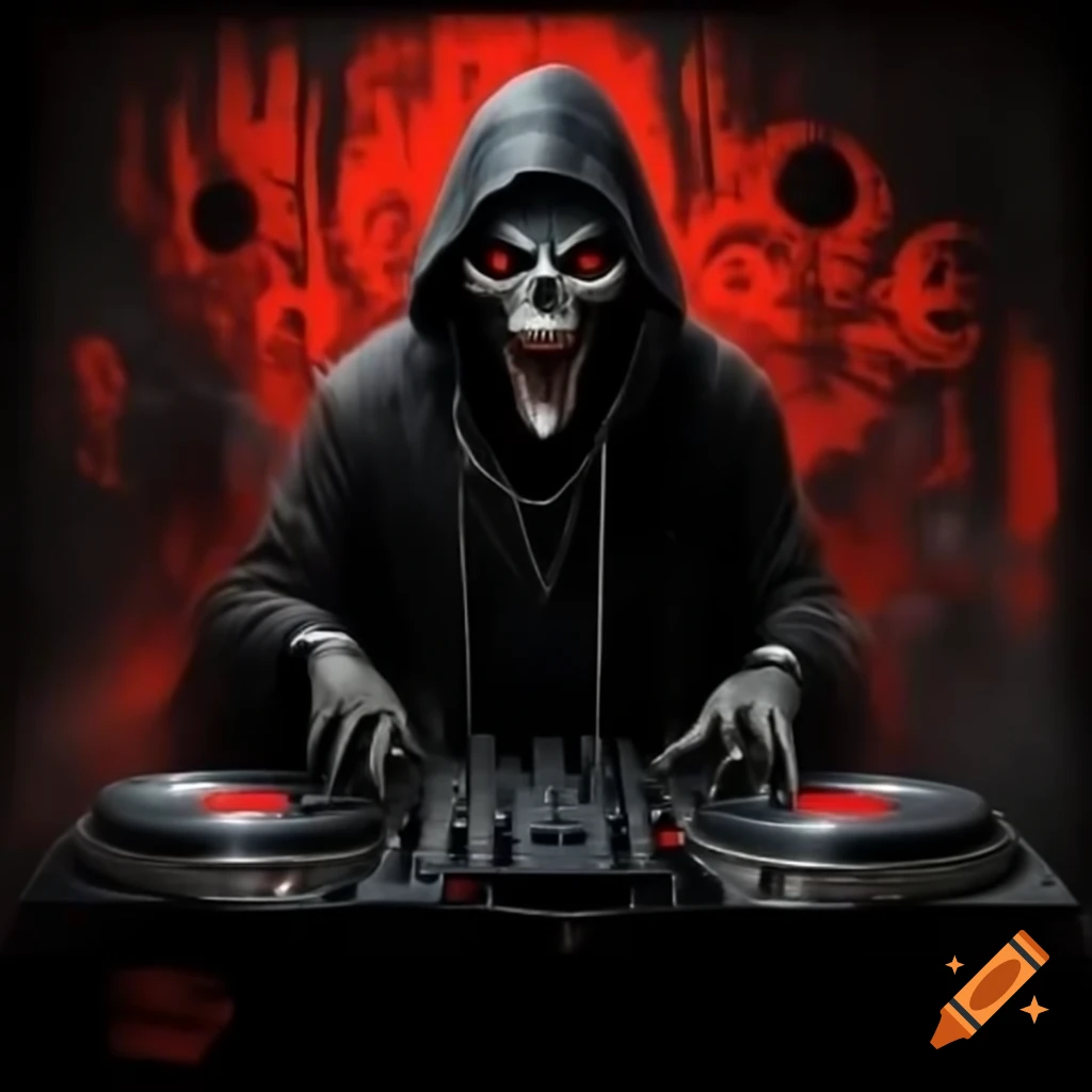 Reaper figure at drum and bass rave with bright red eyes and street style graffiti