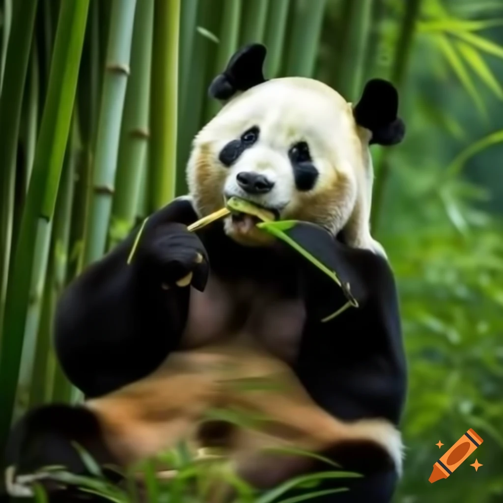 Giant panda eating bamboo in a lush bamboo forest