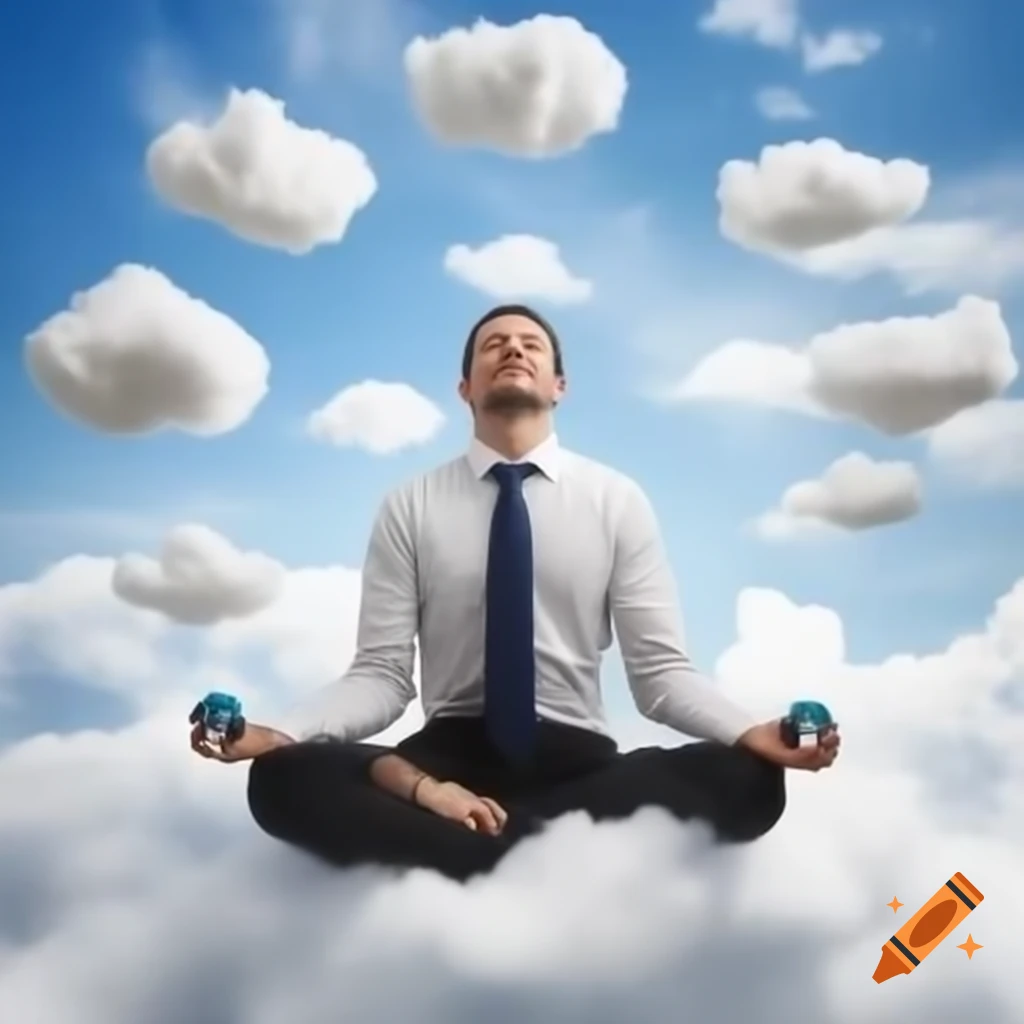 Man in office clothes meditating among bright clouds with fidget toys