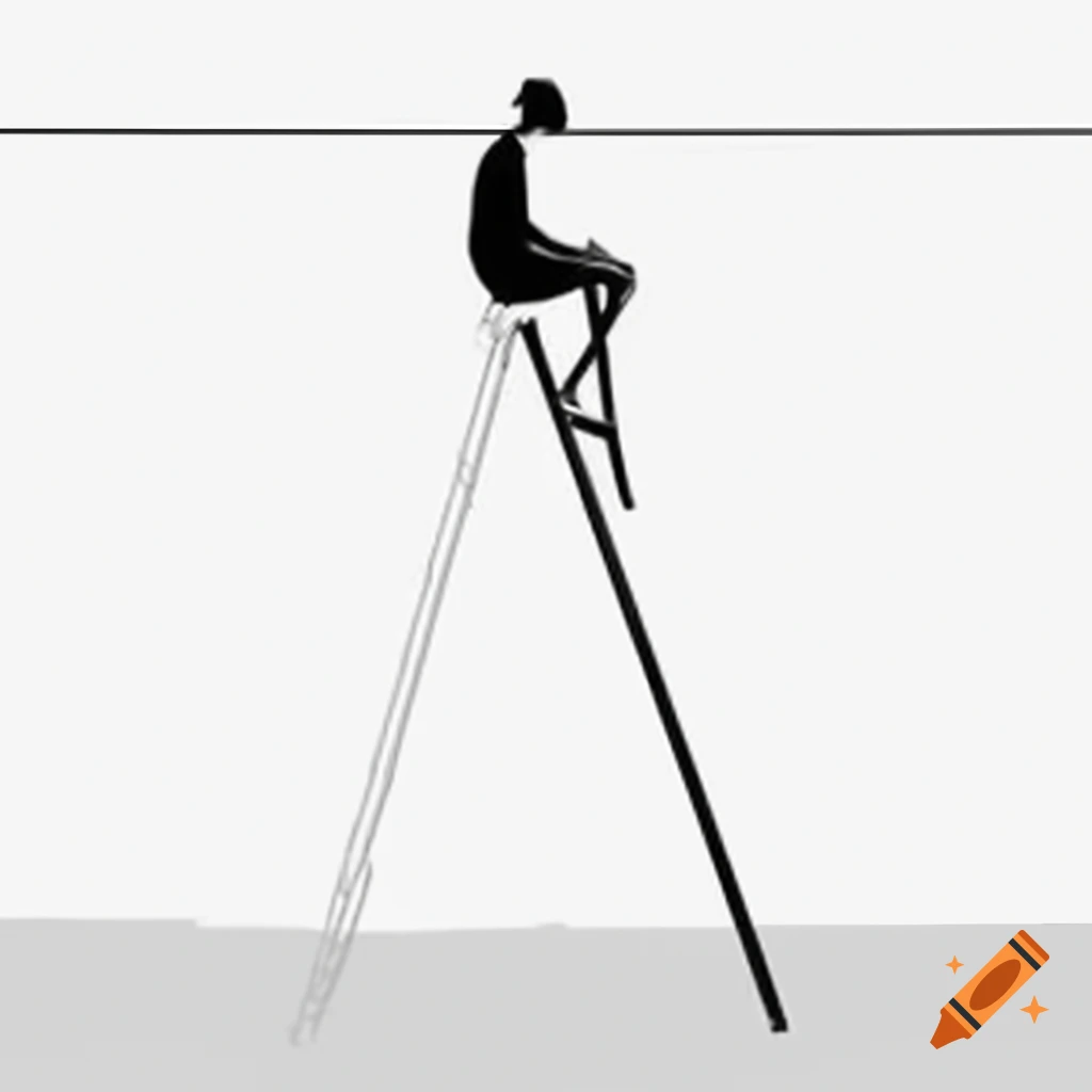 Line art illustration of a figure sitting on top of a ladder in black and white