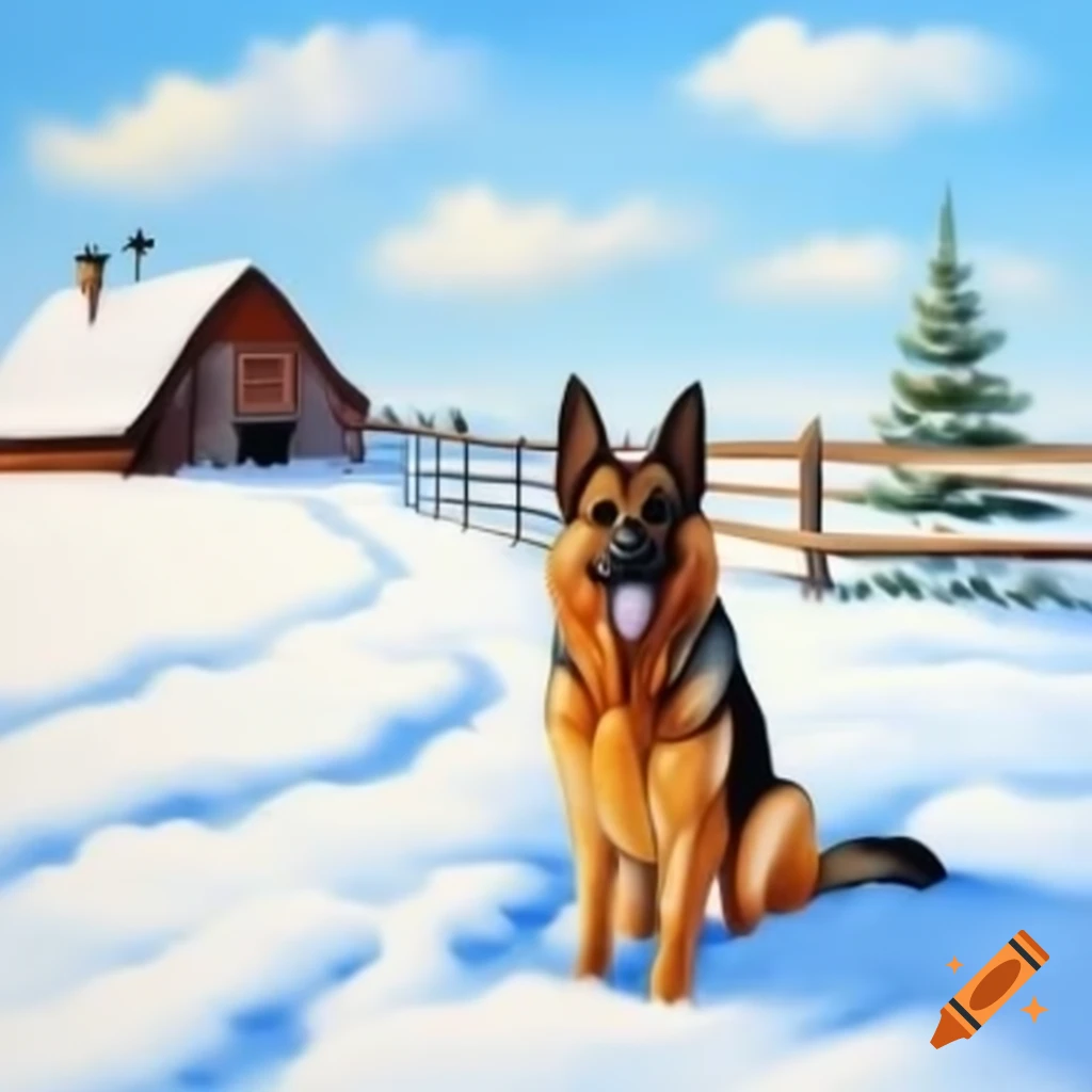 German shepherd in bandanna with snowy field, wooden barn, and vintage Studebaker truck hauling Christmas tree