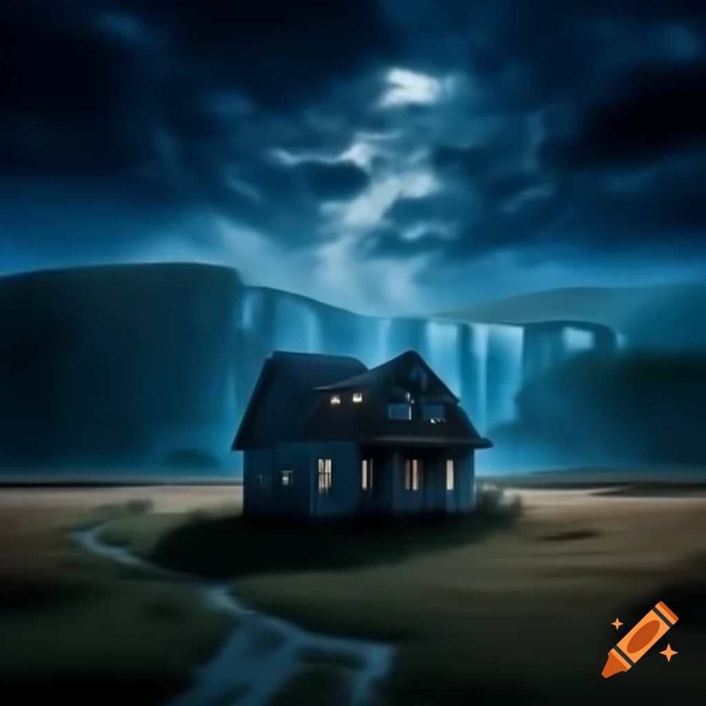 Old deserted house at night during a thunderstorm