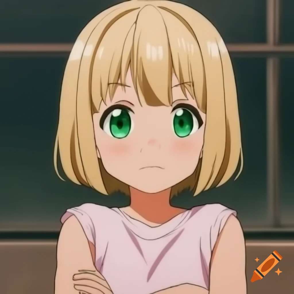 Anime girl with blonde hair and green eyes wearing a pink sleeveless t-shirt