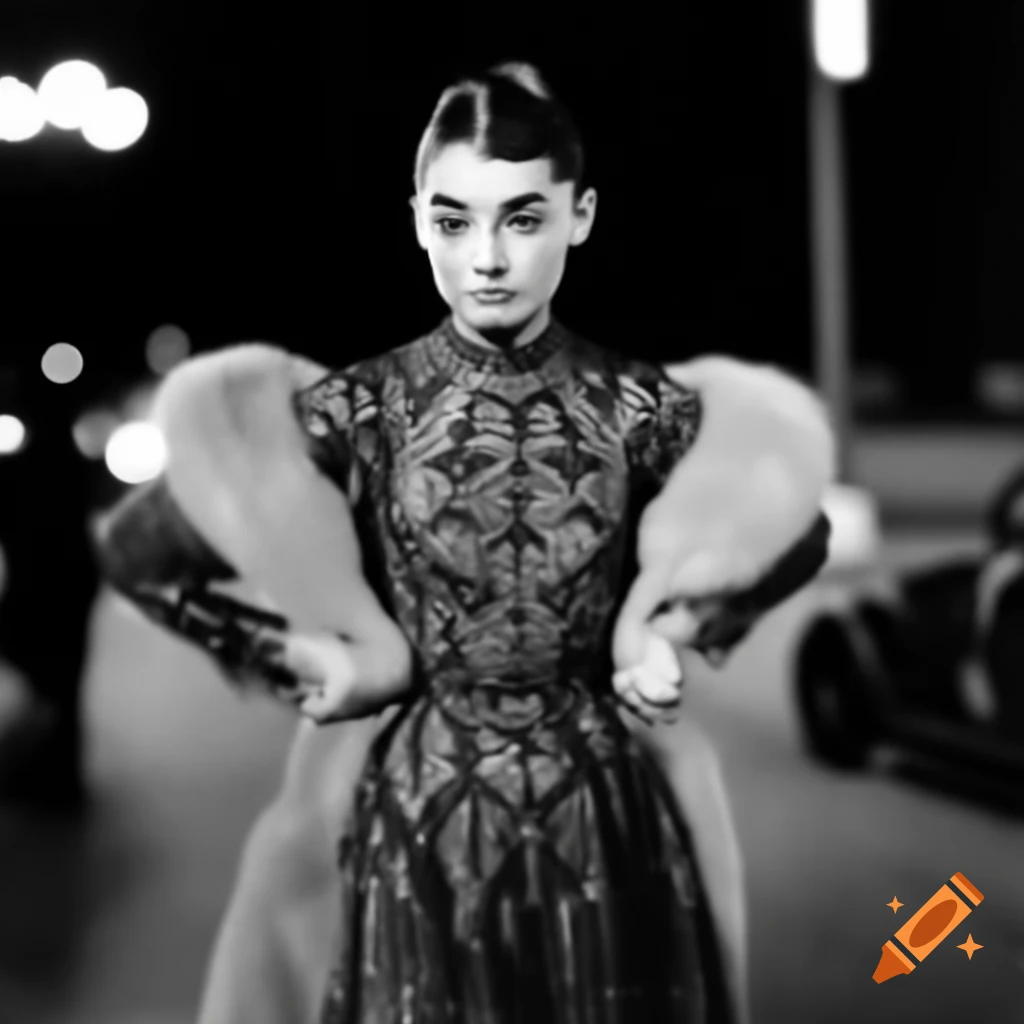 Audrey Hepburn in detailed evening dress with fluffy sleeves walking in Goiania