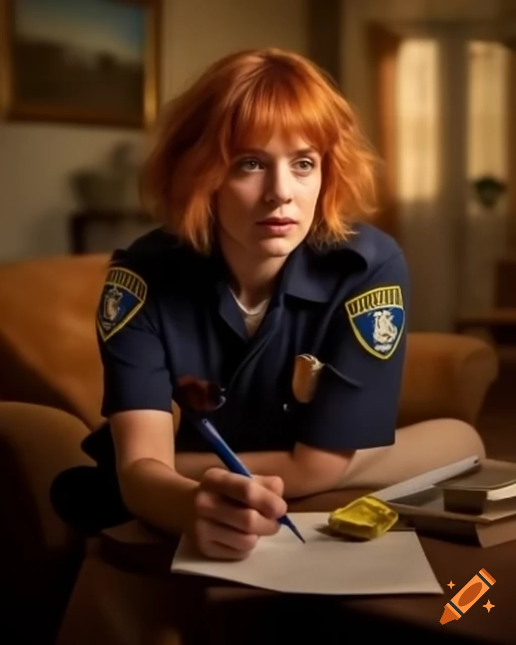 goofy-french-female-police-officer-taking-notes-at-crime-scene-in-dusty