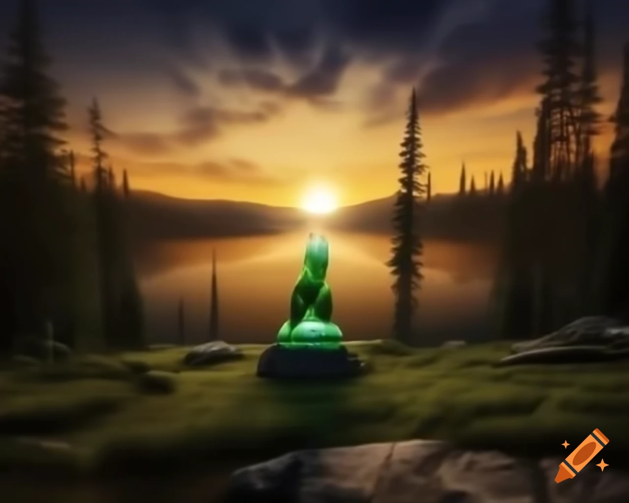 Photorealistic landscape of mountain lake with island and lemon monster sculpture