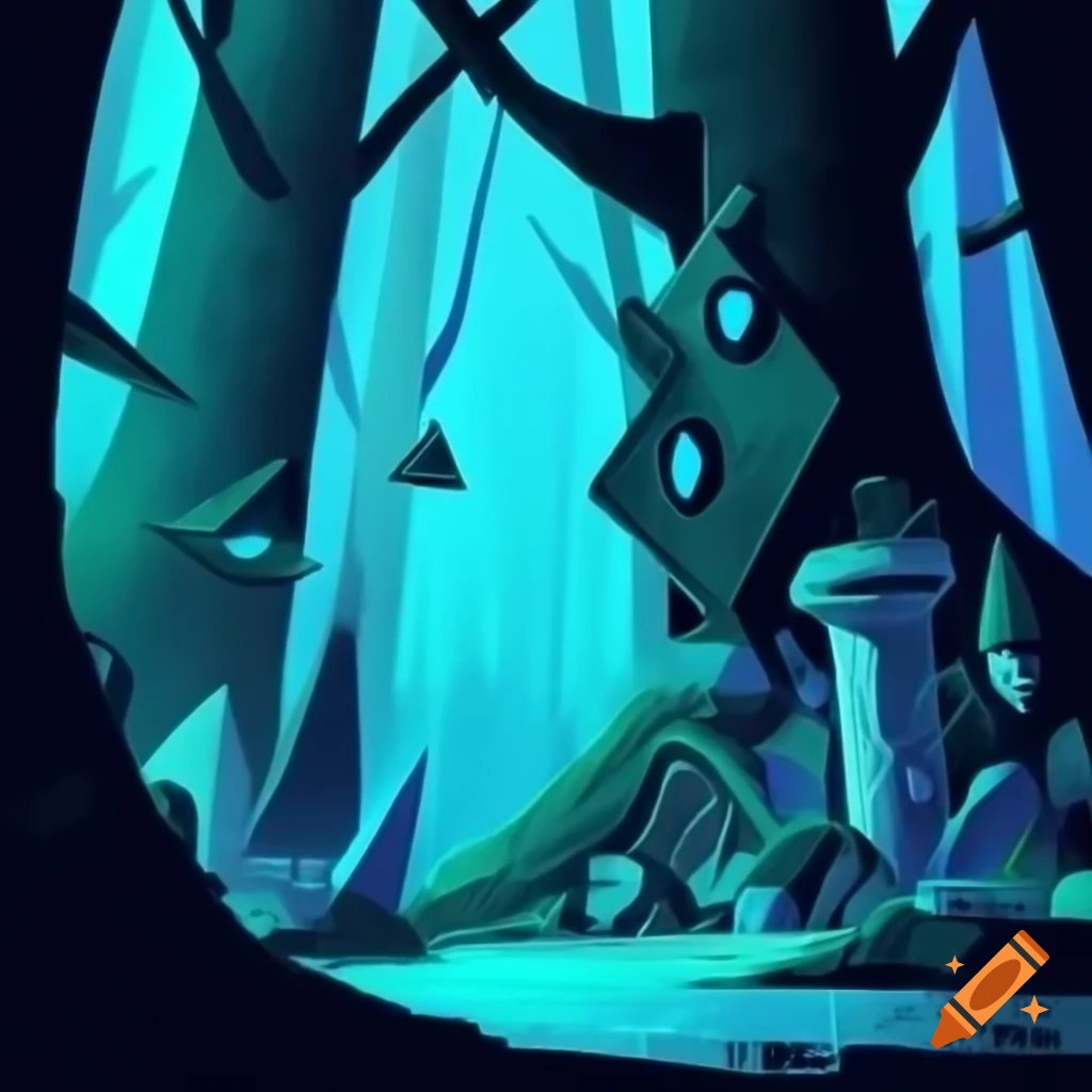 Ink illustration of enchanted forest with geometric forms and mechanical elements inspired by Constructivism