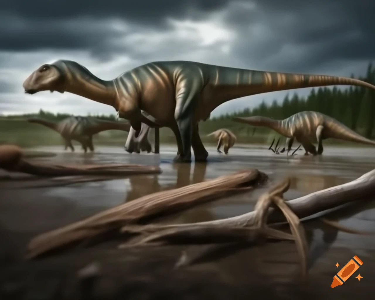 Striped Hadrosaurus roaming in mudflat with ferns and driftwood, British Columbia