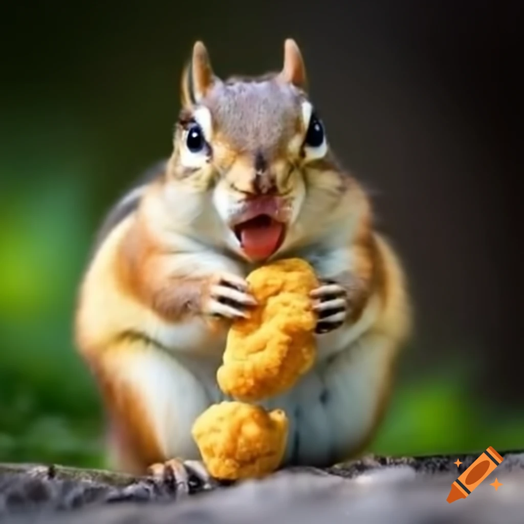 Chipmunk with mouth full of chicken nuggets