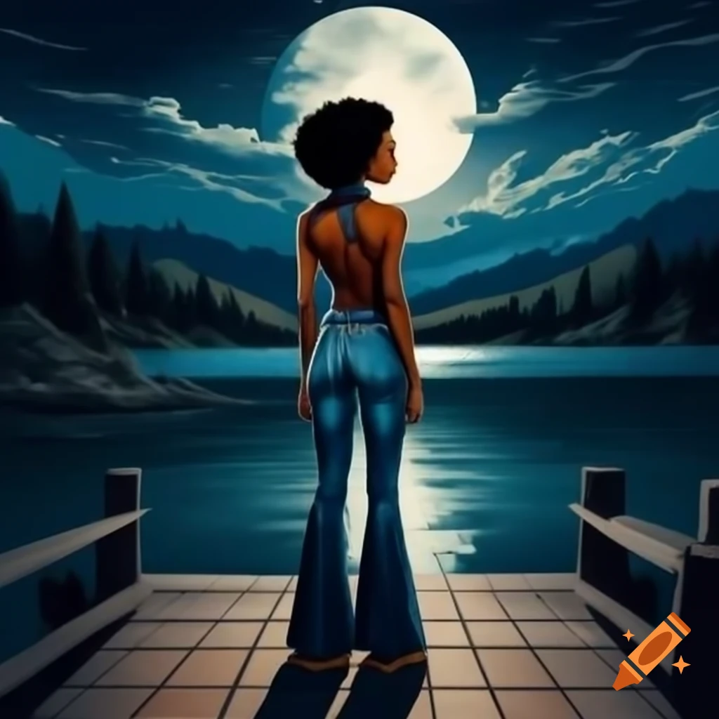 African-American woman in halter top and bell bottom jeans on lake dock at night under full moon