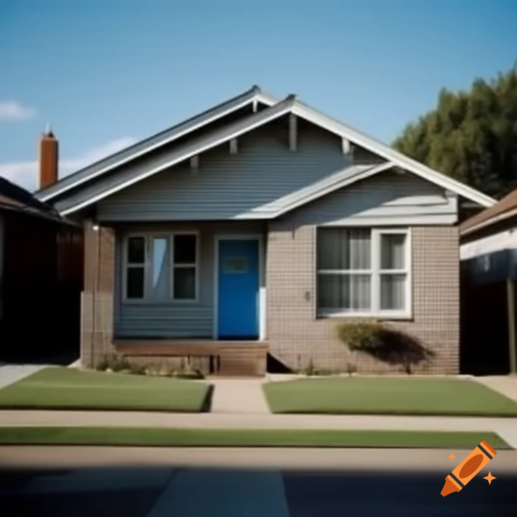 Light gray brick bungalow featuring a blue door