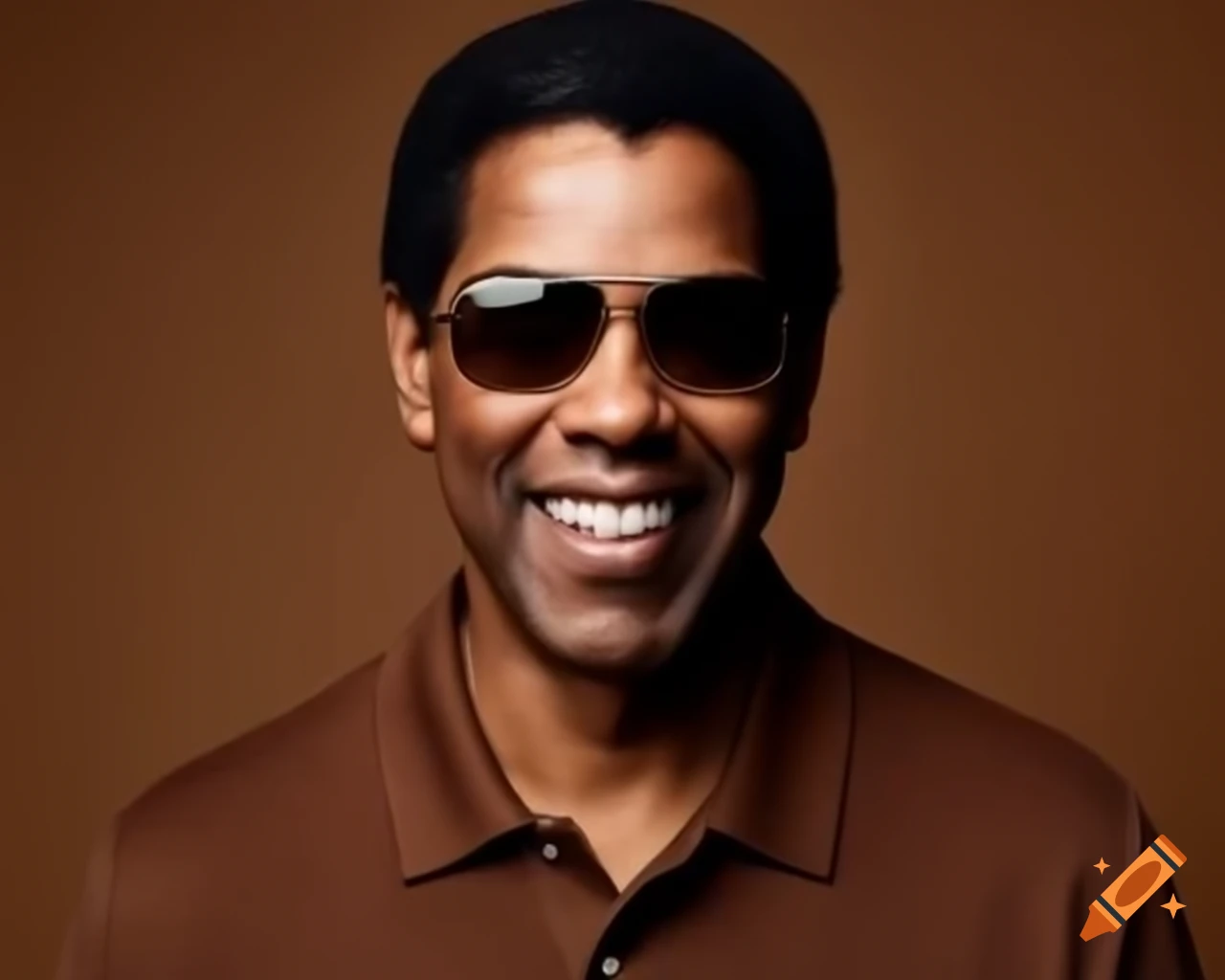 Denzel Washington wearing sunglasses and brown polo shirt against brown background