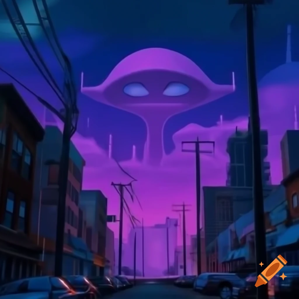 Alien city street scene with violet sky