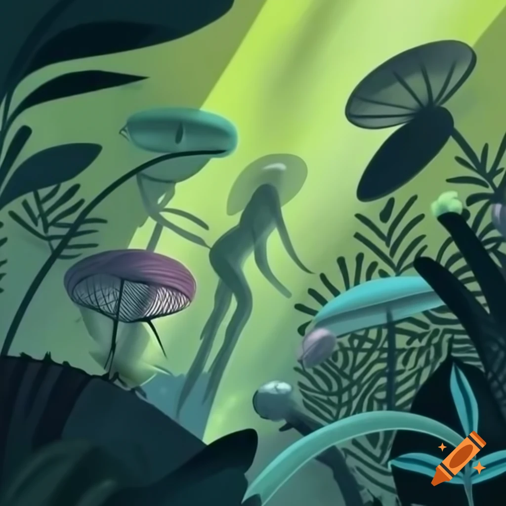 Abstract art of futuristic time travelers in the Garden of Eden with exotic flora