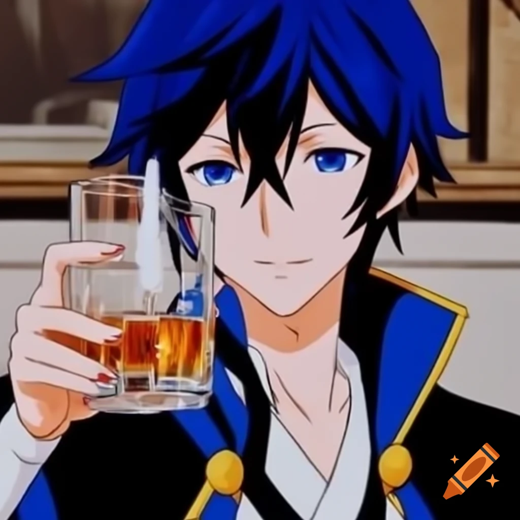 KAITO holding a glass of whiskey in anime style
