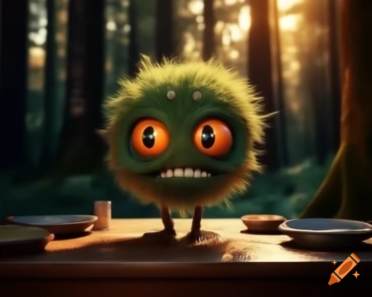 Hyper-realistic artwork of an orange tree monster with human face in a forest setting with a lake