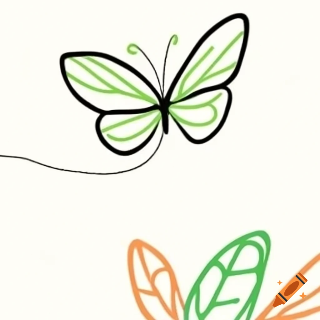 Minimalist black line drawing of butterfly in orange and green