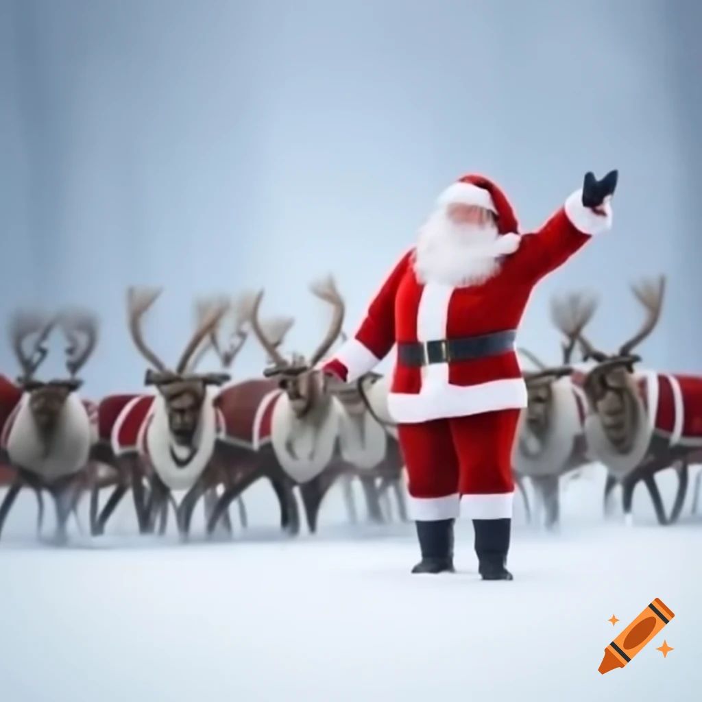 Santa claus on sleigh with eight reindeer featuring six legs each on