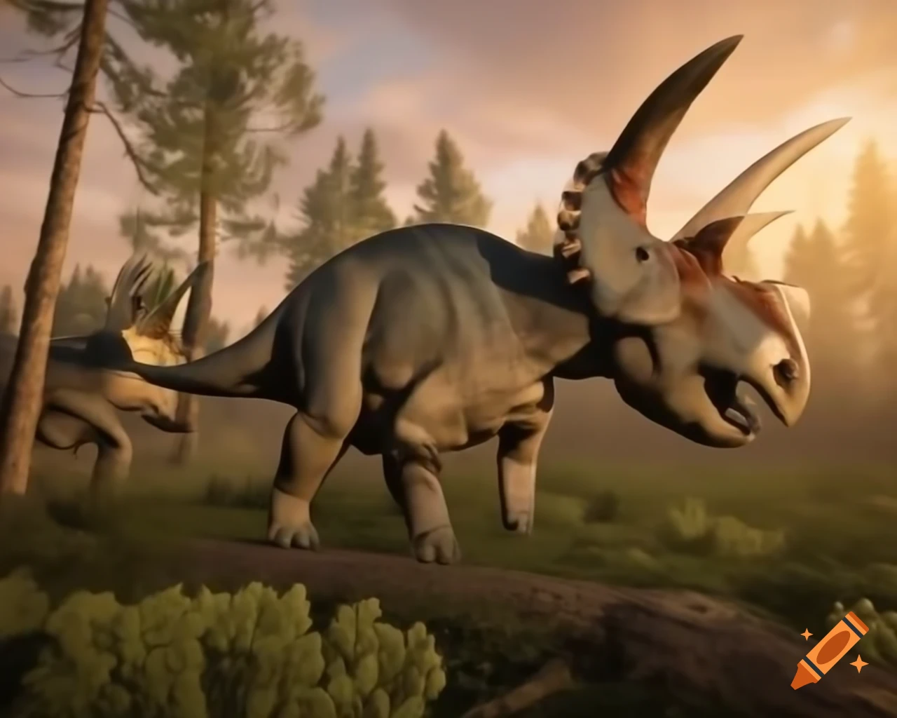 Herd of protoceratops crossing shrubland in British Columbia during golden hour