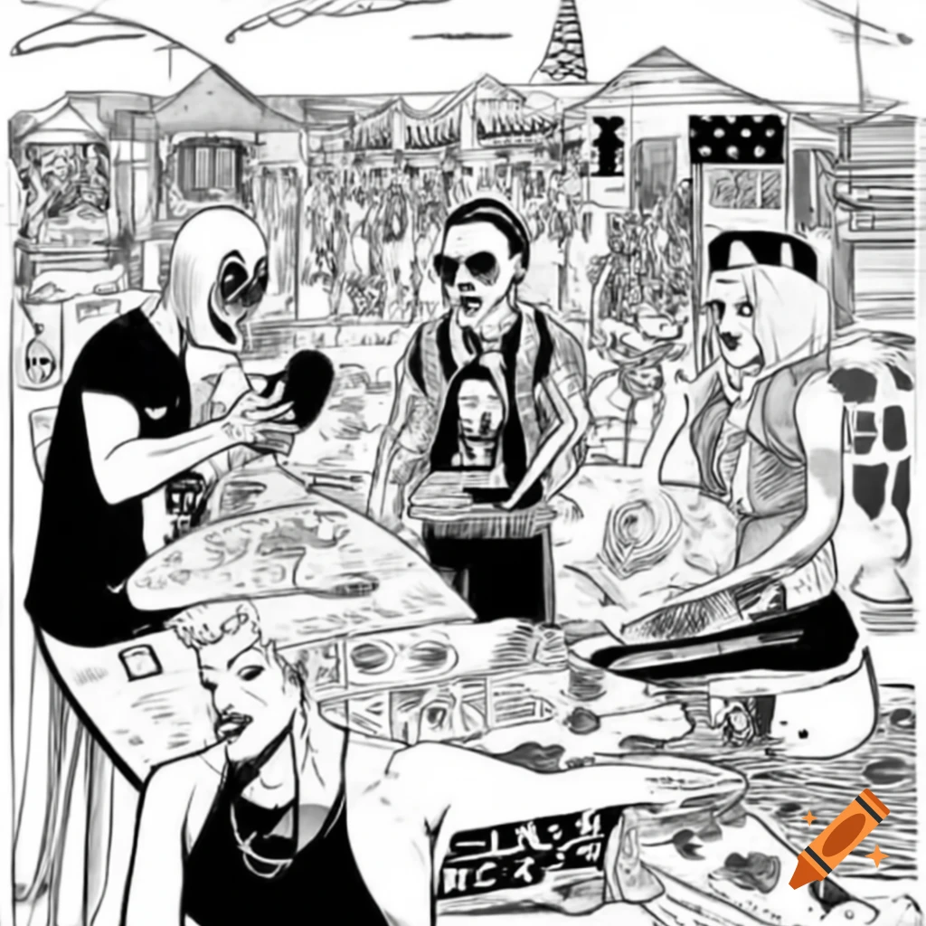 Punk rock zombie band performing at flea market with crowd