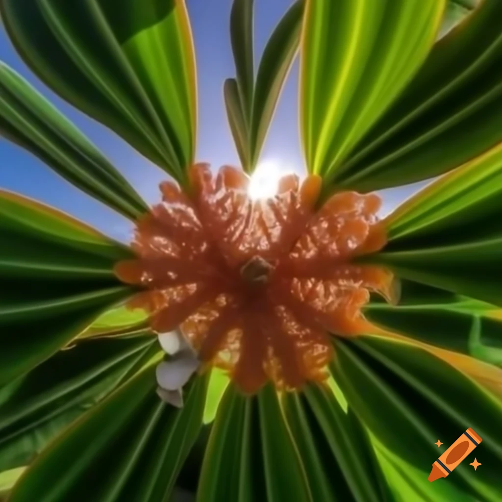 Coral petals arranged in pentagonal shape surrounded by green leaves in sunlight