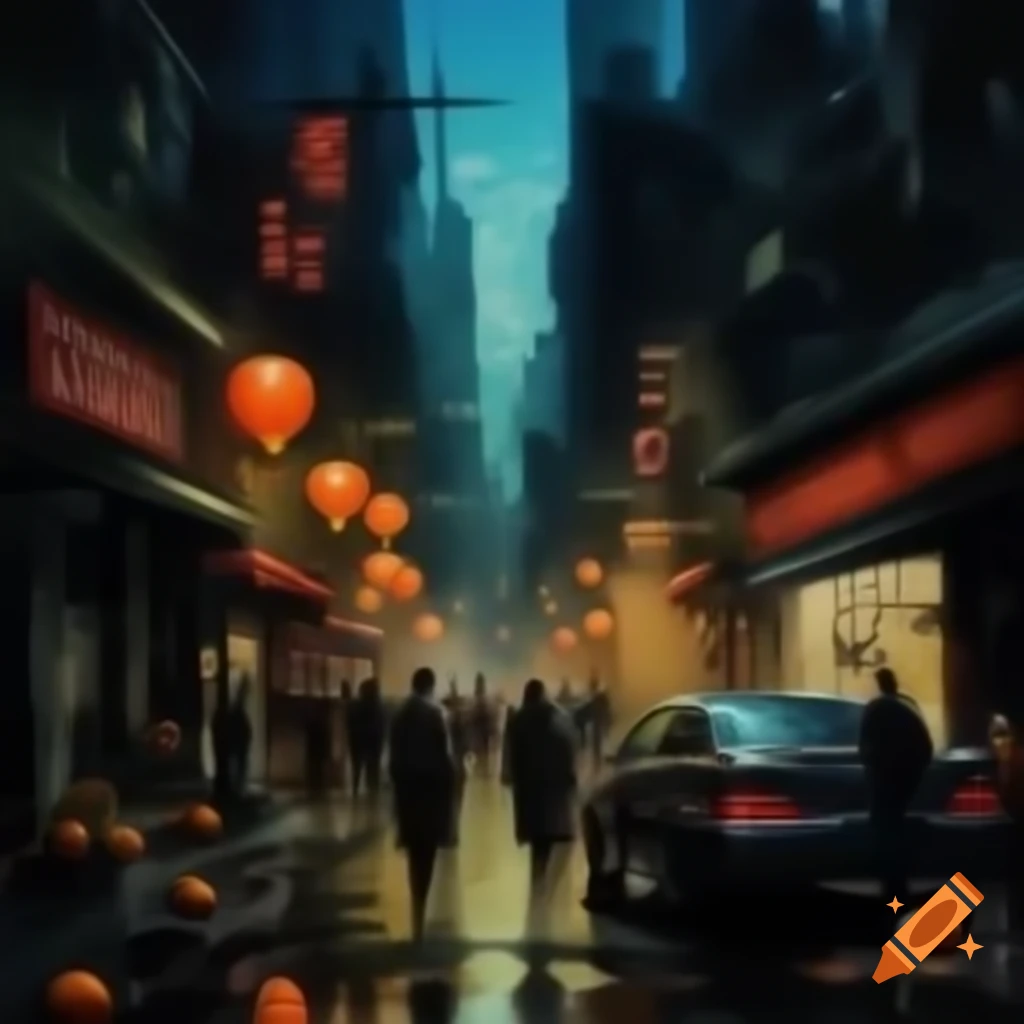 Acrylic painting of gothic urban life in a sprawling metropolis at night