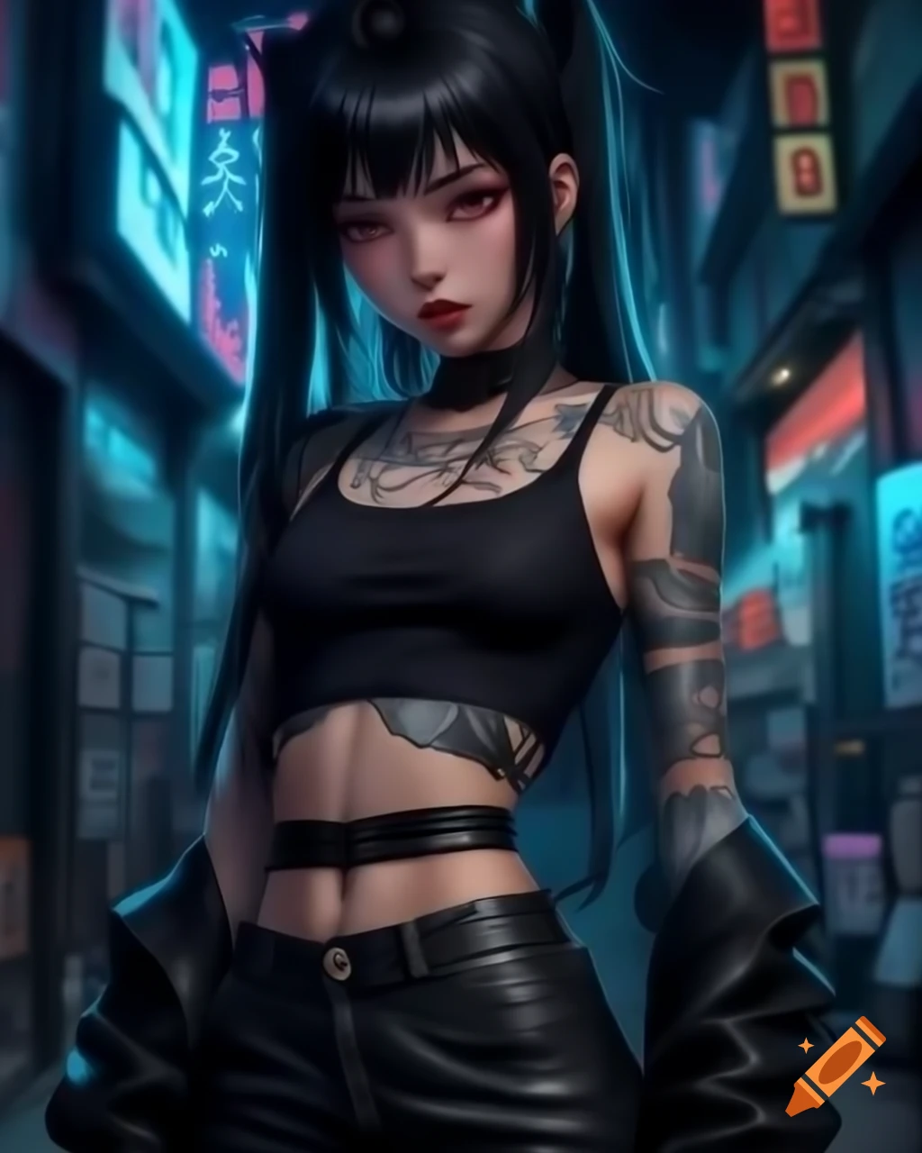 Punk-inspired young woman in dystopian fashion with black hair