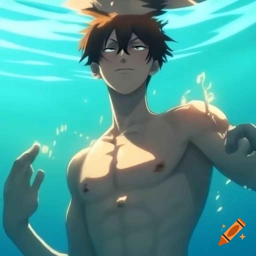 Muscular anime man holding breath underwater with nervous expression