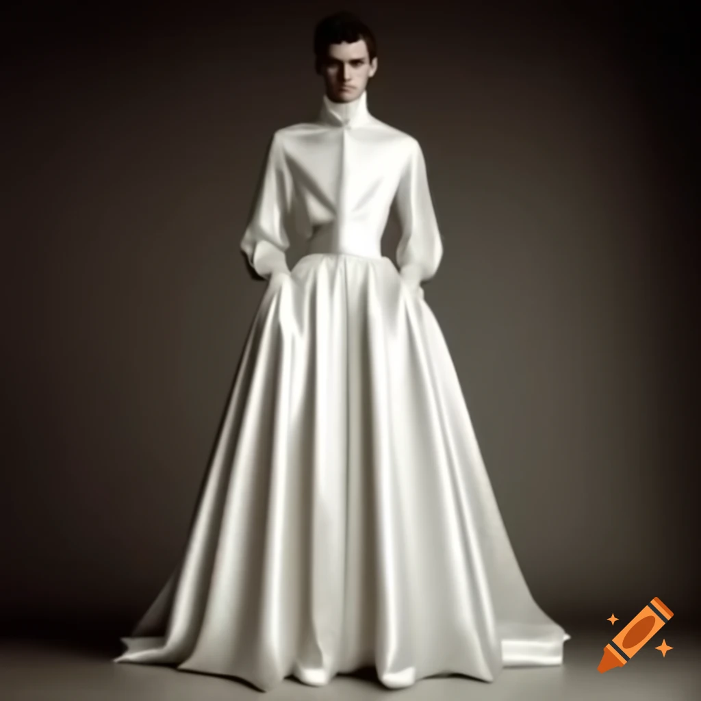 Handsome young man in elegant floor-length white satin gown with lace trim