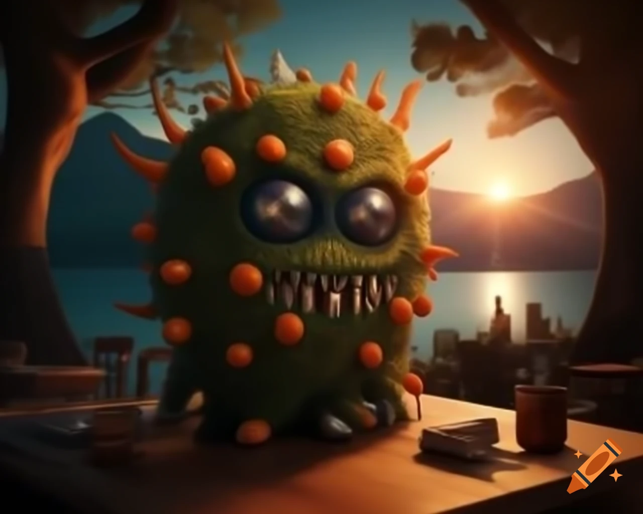 Hyper-realistic artwork of an orange tree monster with human face in a forest setting with a lake