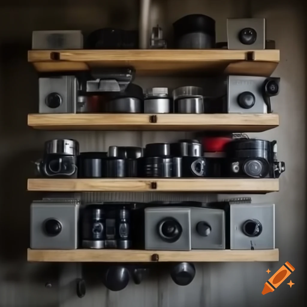 Horizontal shelves displaying various photography tools including cameras and lenses